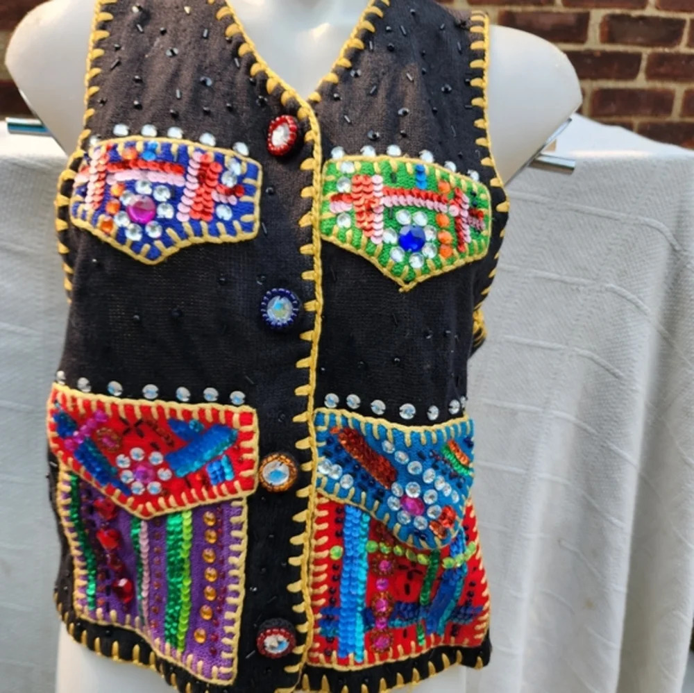 Michael Simon 90s Rare Festival HolidayVintage Bedecked vest - Picture 4 of 10